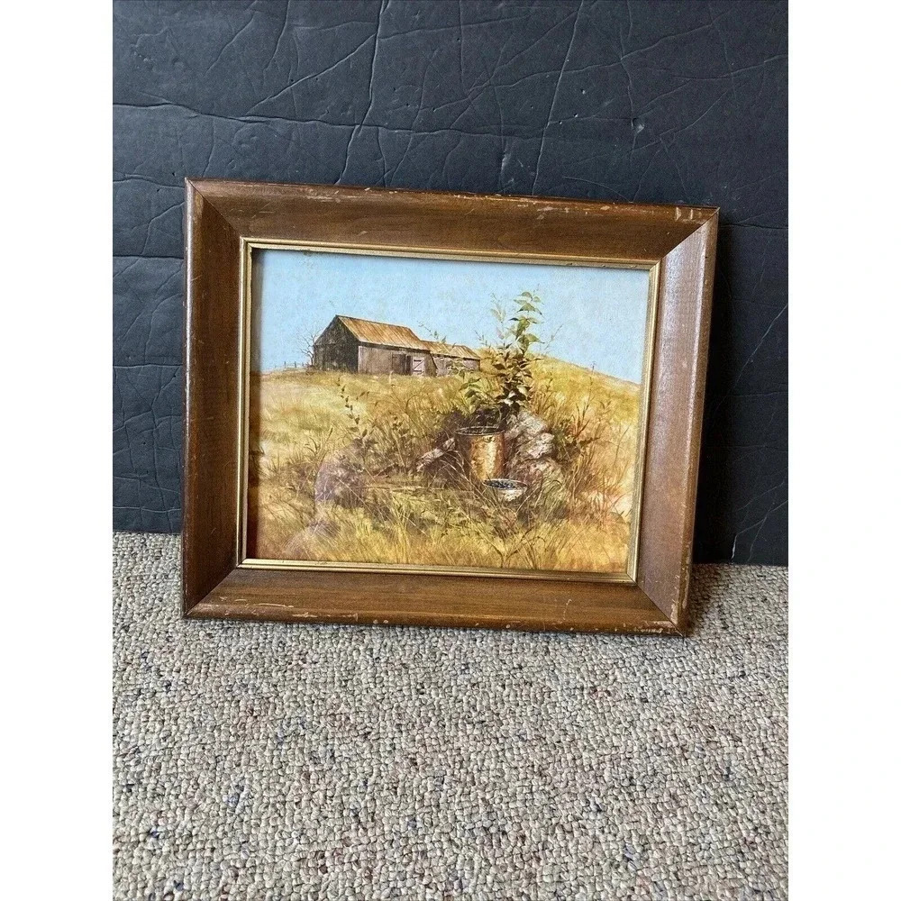 VTG Art Frame Filed Farm House Blueberry Bucket Print Water Color Hand Painted - Picture 3 of 6